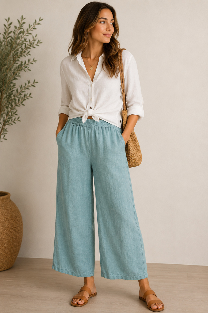Tina Stephens Linen Pants Women's OS Pull On Wide Leg Teal Italy Beach Pockets S